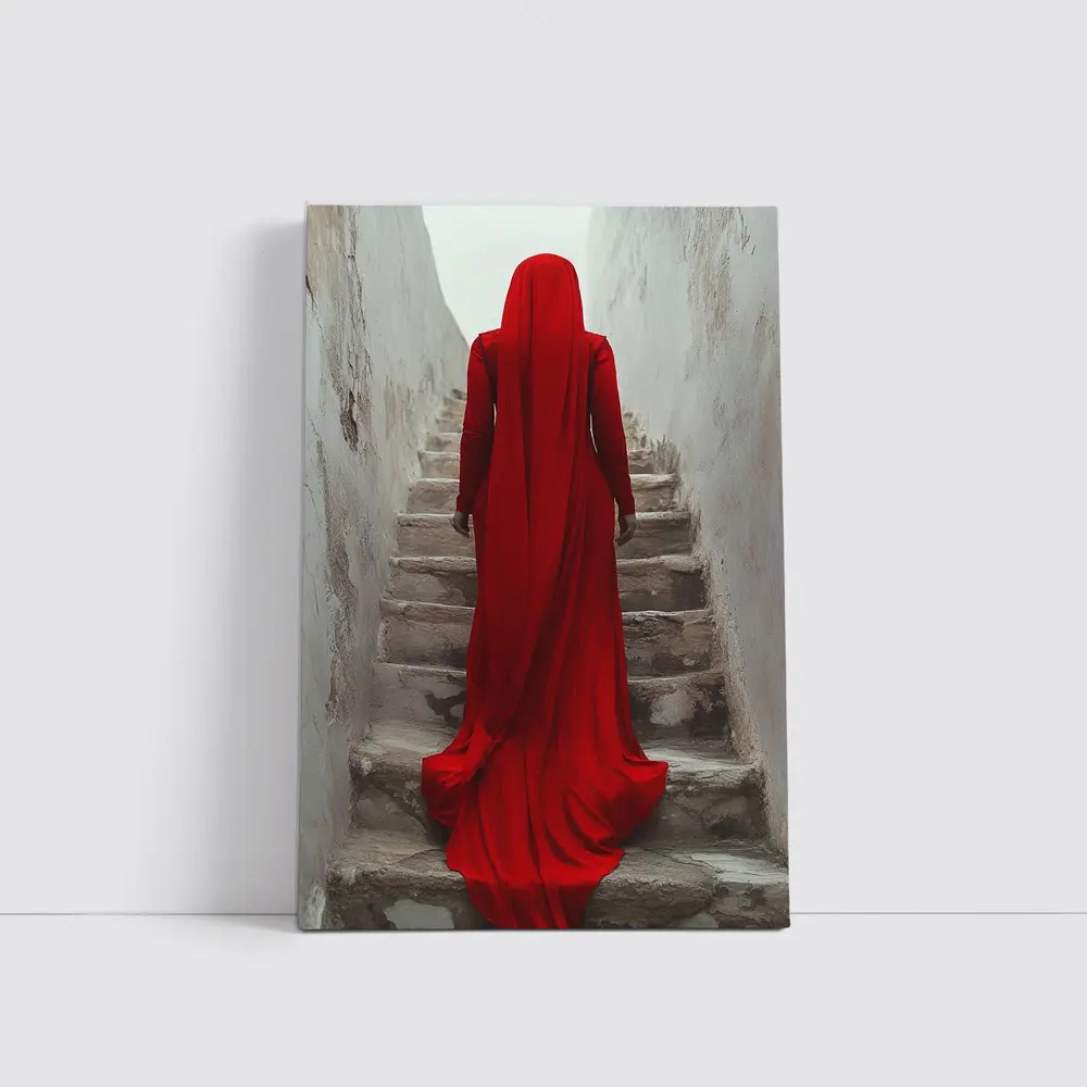 Red Robed Woman Ascending Ancient Stone Stairs – Wall Art