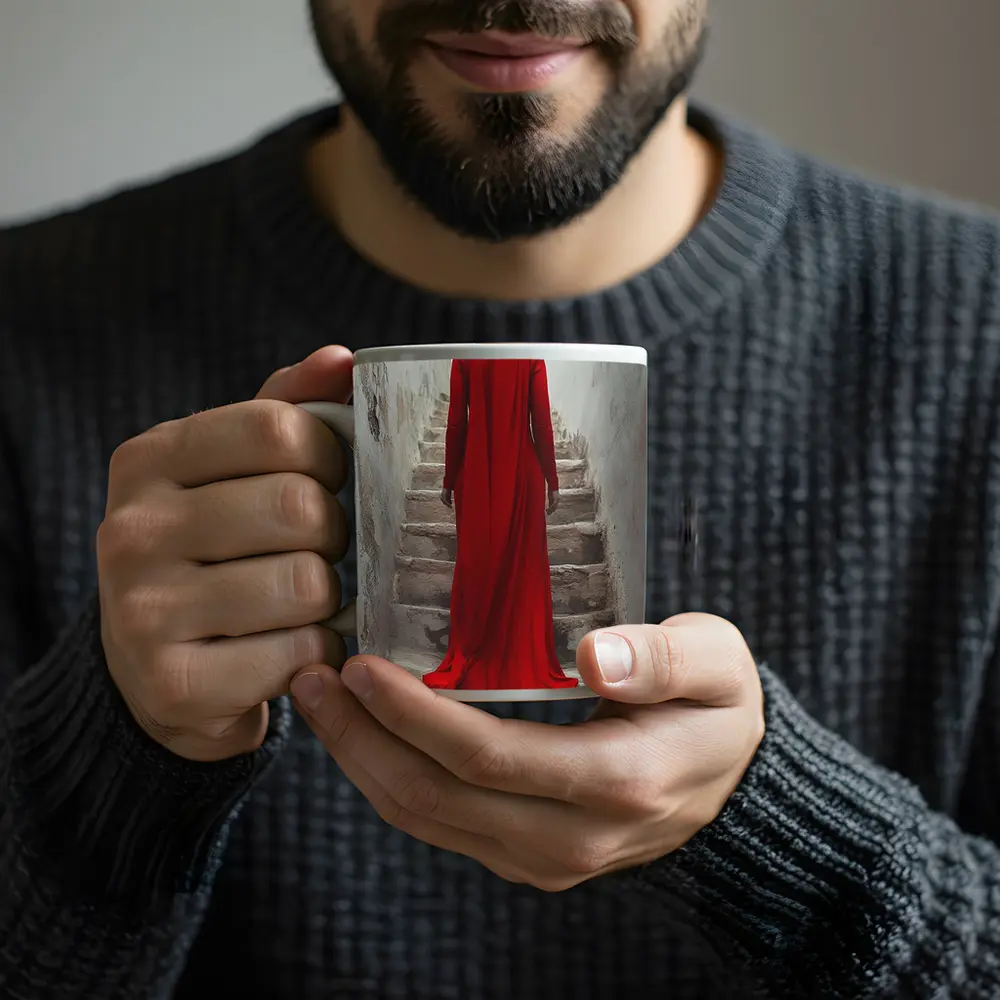 Red Robed Woman Ascending Ancient Stone Stairs – Mugs