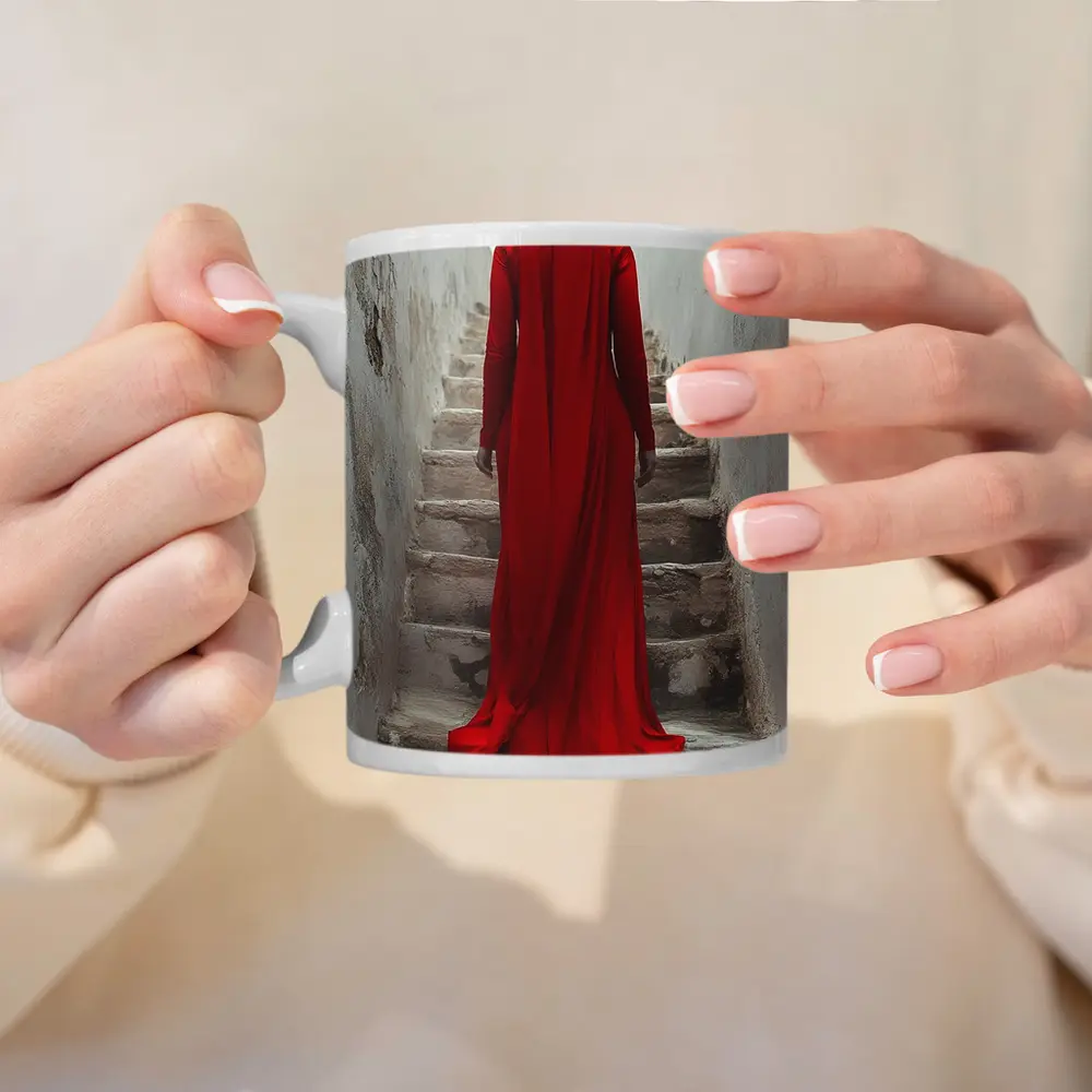 Red Robed Woman Ascending Ancient Stone Stairs – Mugs
