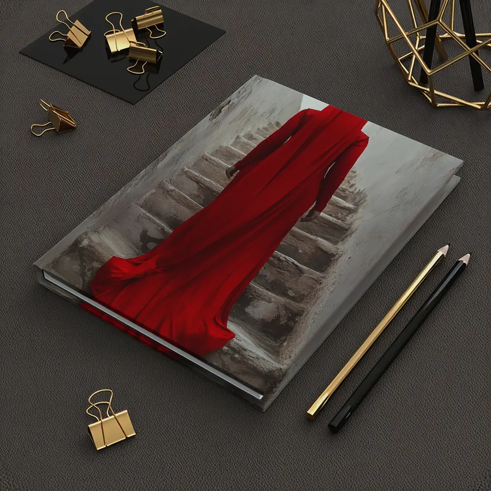 Red Robed Woman Ascending Ancient Stone Stairs – Notebooks