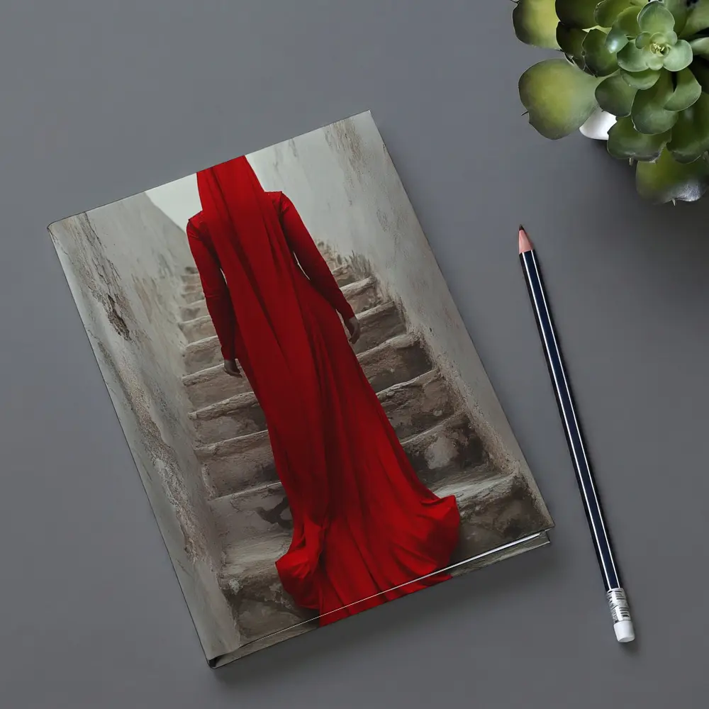 Red Robed Woman Ascending Ancient Stone Stairs – Notebooks
