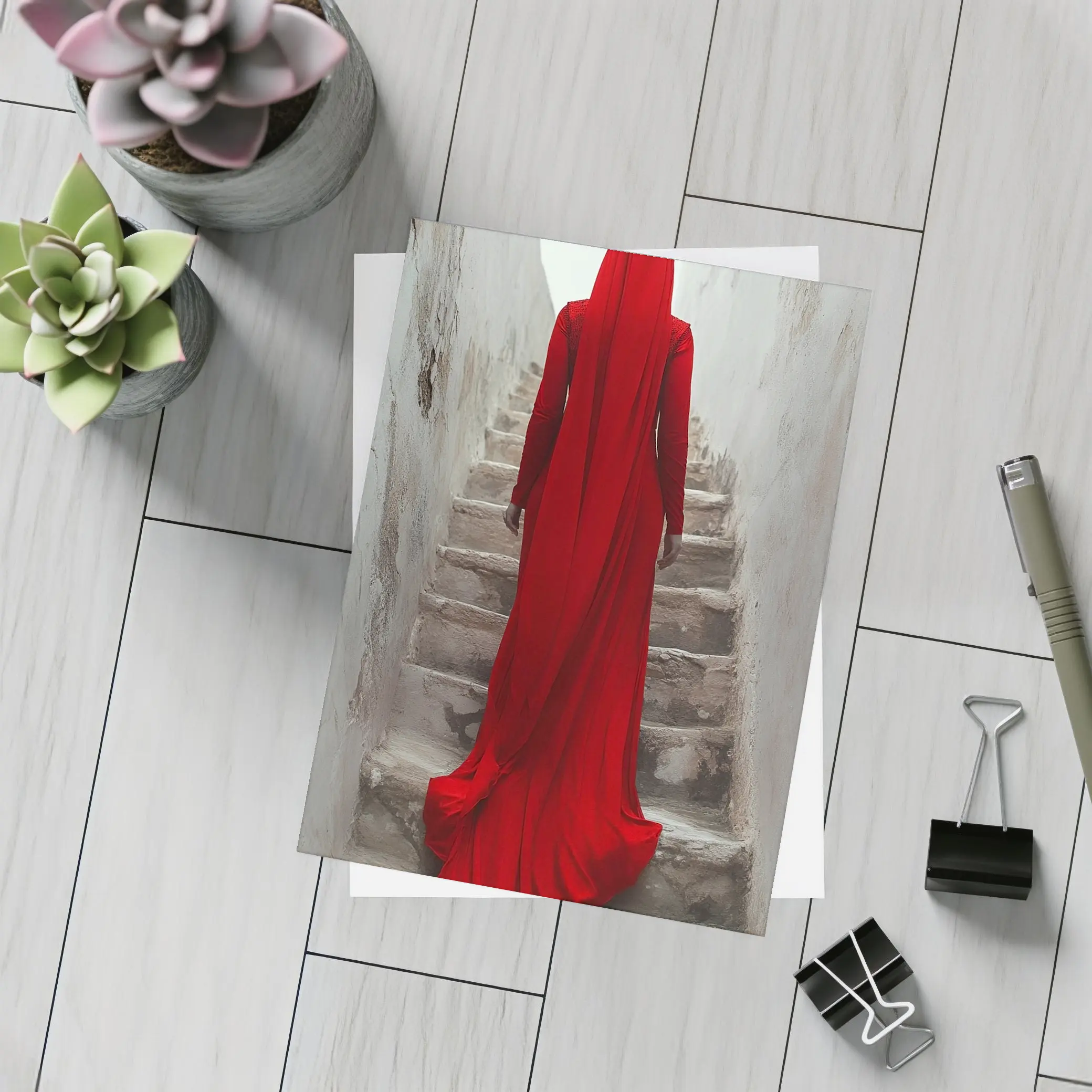 Red Robed Woman Ascending Ancient Stone Stairs – Postcards