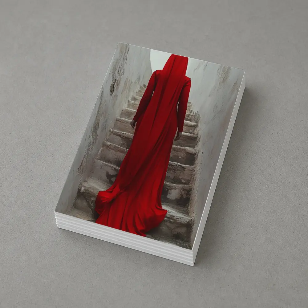 Red Robed Woman Ascending Ancient Stone Stairs – Postcards