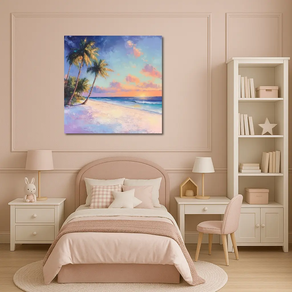 Tropical Beach Sunset Oil Painting Art – Wall Art