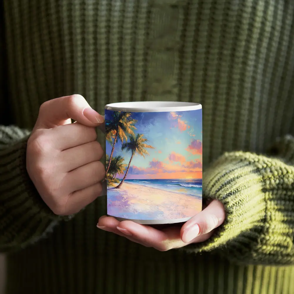Tropical Beach Sunset Oil Painting Art – Mugs
