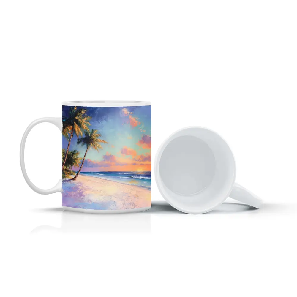 Tropical Beach Sunset Oil Painting Art – Mugs