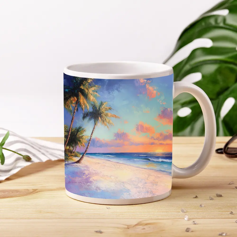 Tropical Beach Sunset Oil Painting Art – Mugs
