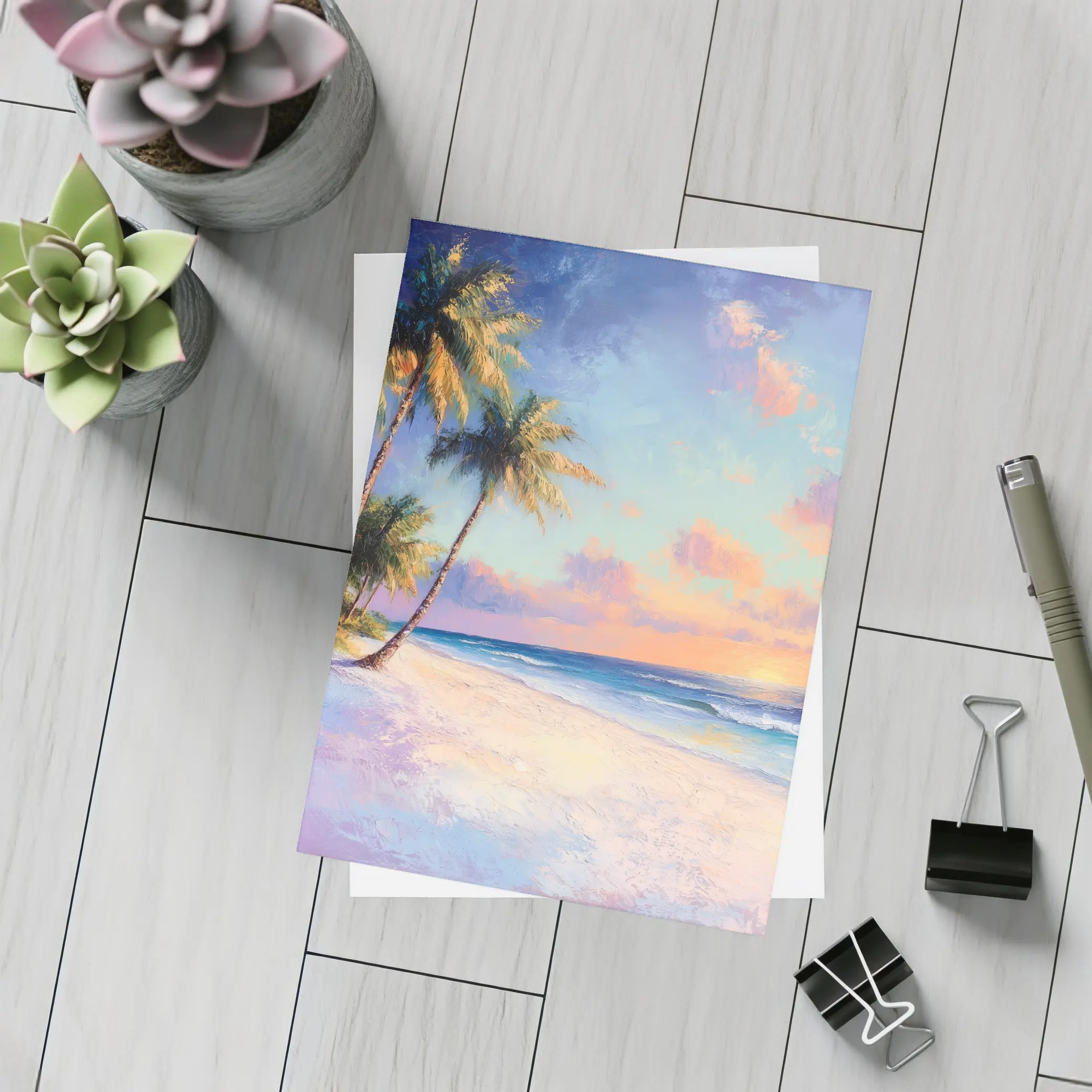 Tropical Beach Sunset Oil Painting Art – Postcards