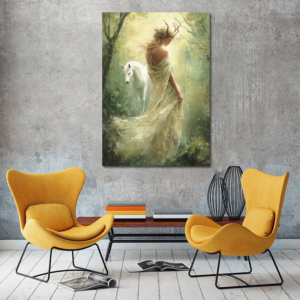 Forest Goddess White Horse Mystical Fantasy Art – Wall Art