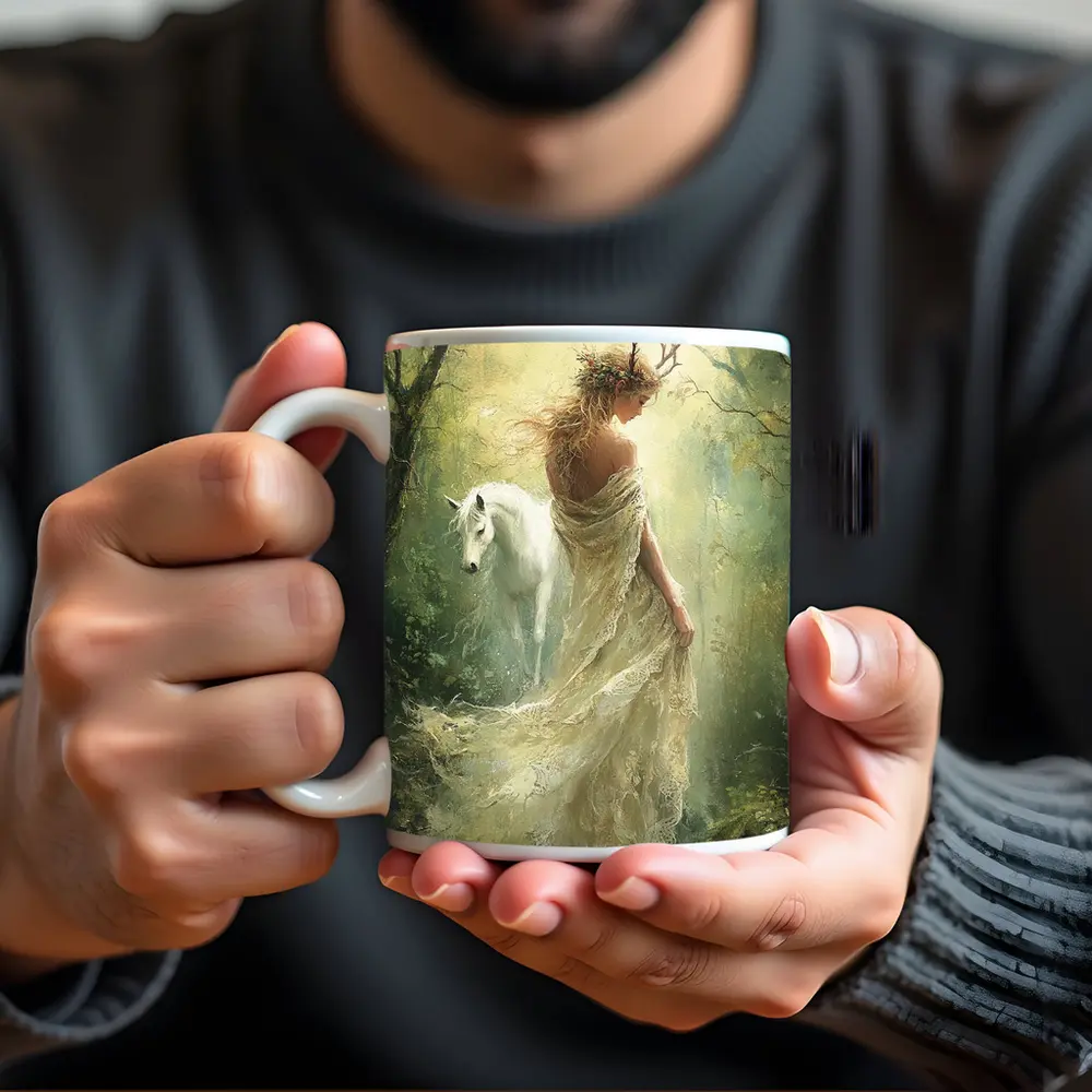 Forest Goddess White Horse Mystical Fantasy Art – Mugs