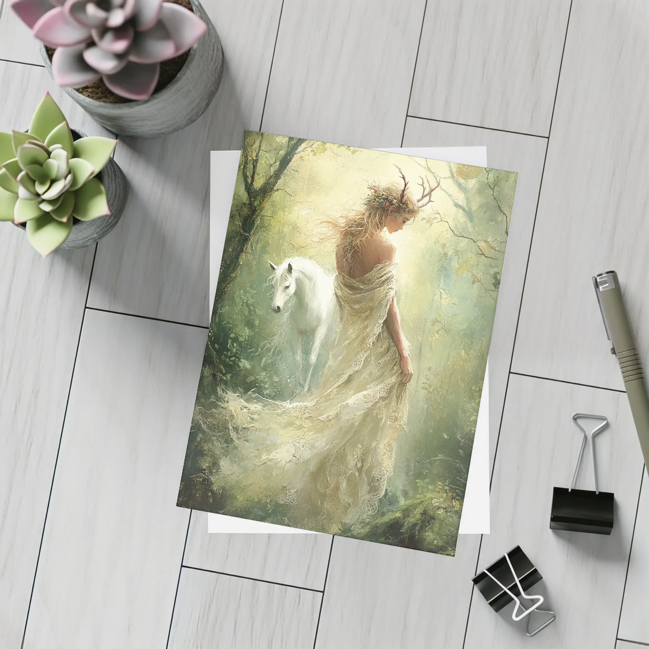 Forest Goddess White Horse Mystical Fantasy Art – Postcards