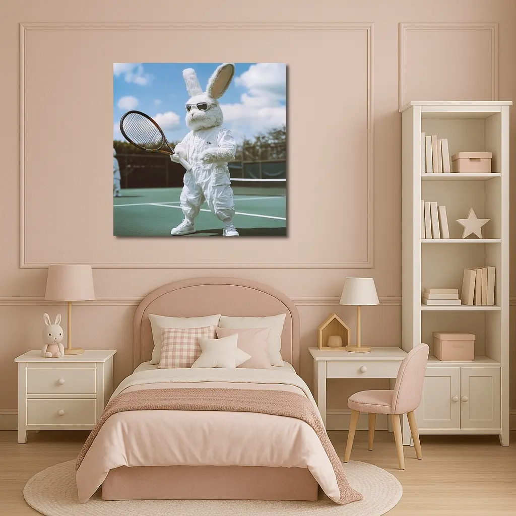 Cool Bunny Playing Tennis On Court – Wall Art