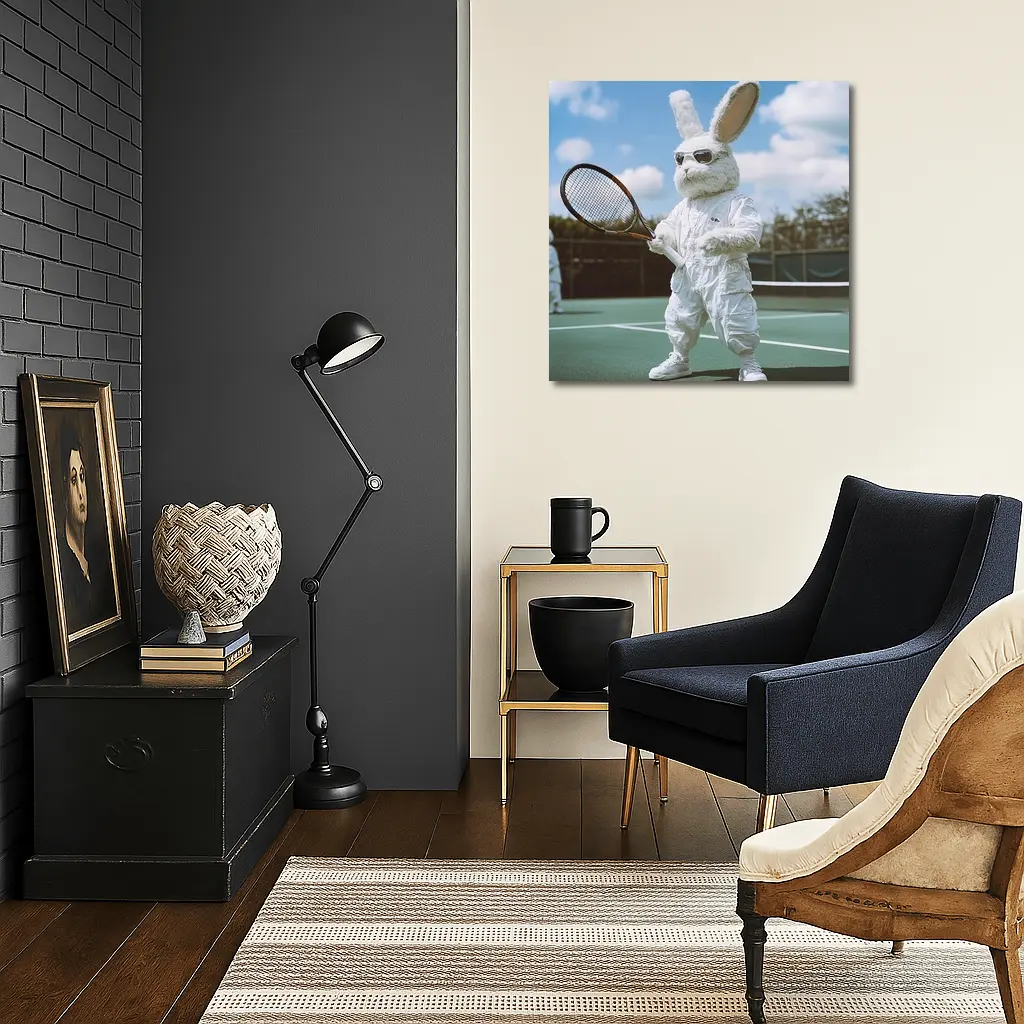 Cool Bunny Playing Tennis On Court – Wall Art