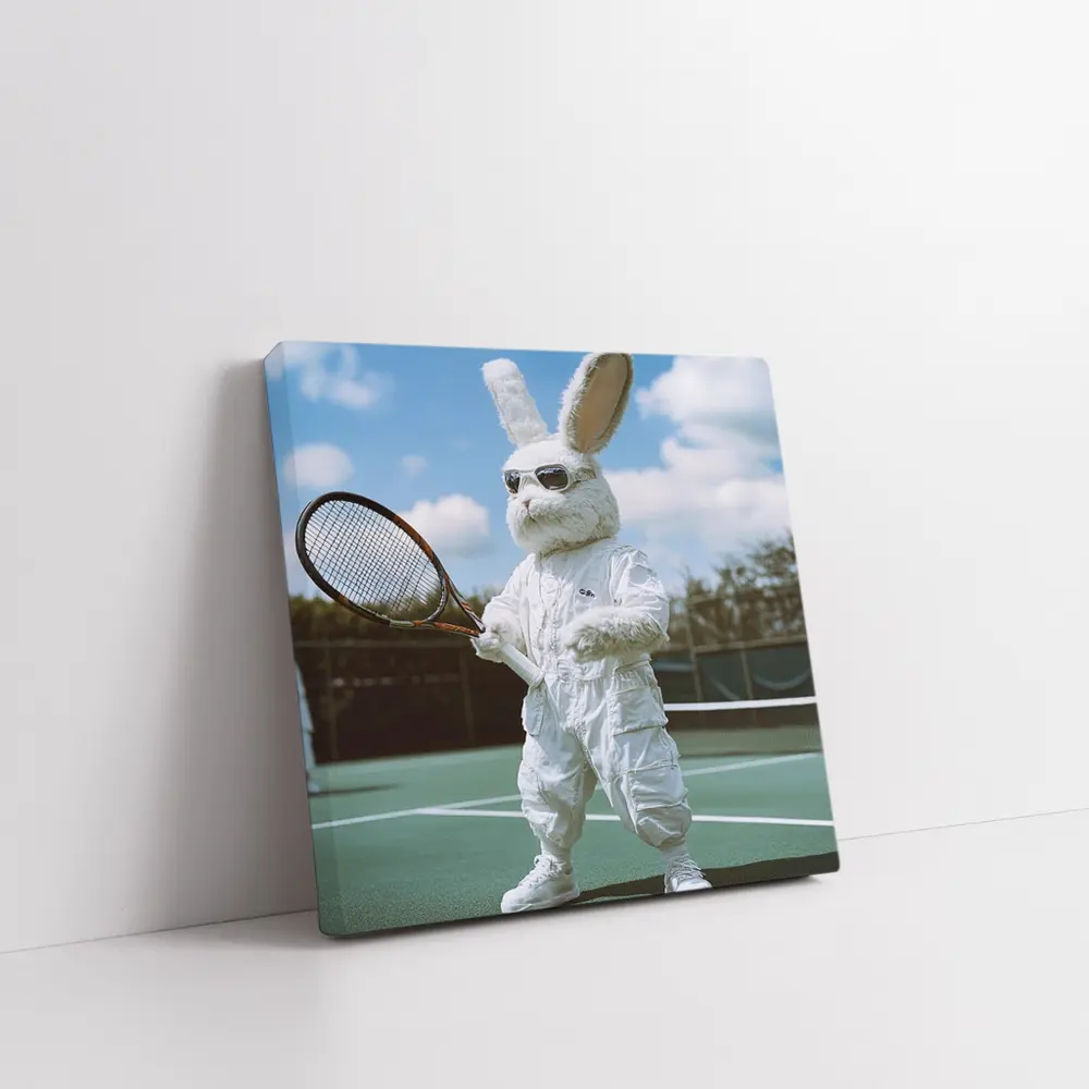 Cool Bunny Playing Tennis On Court – Wall Art