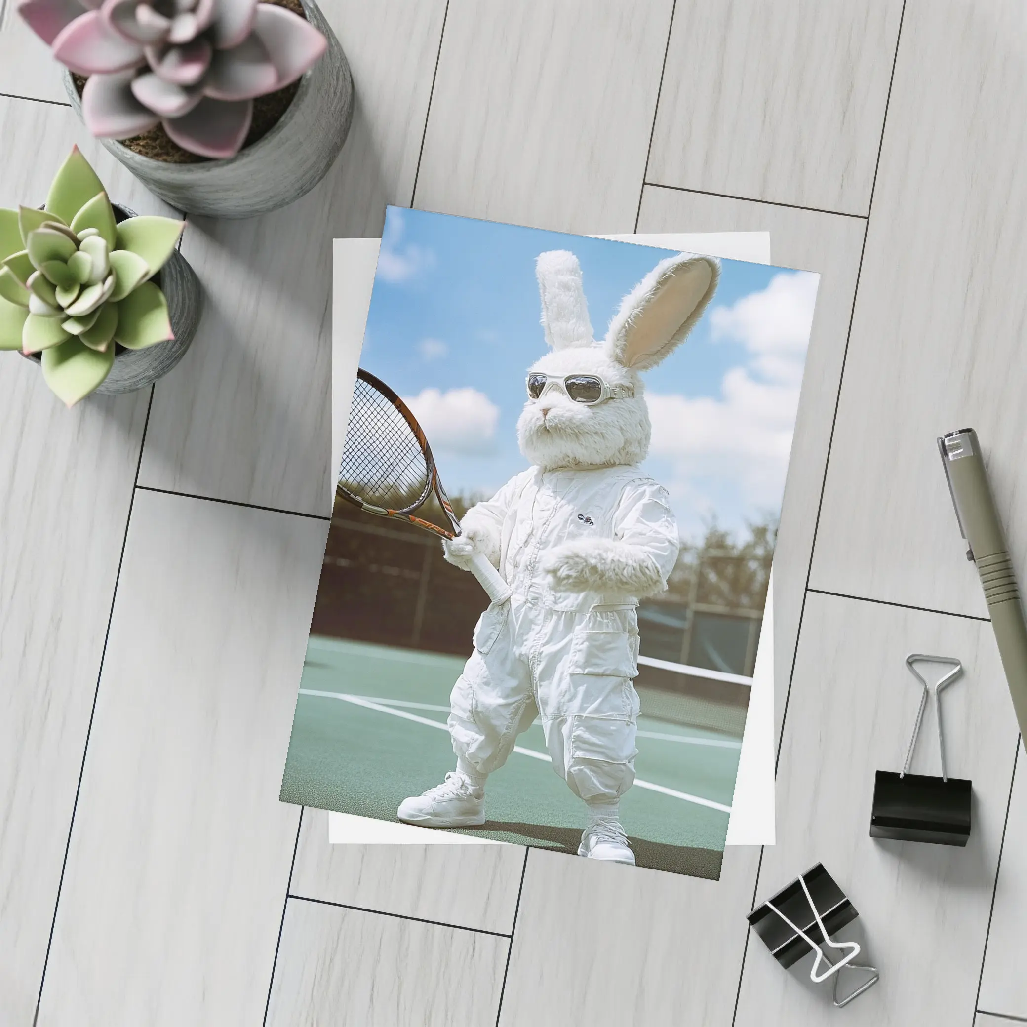 Cool Bunny Playing Tennis On Court – Postcards