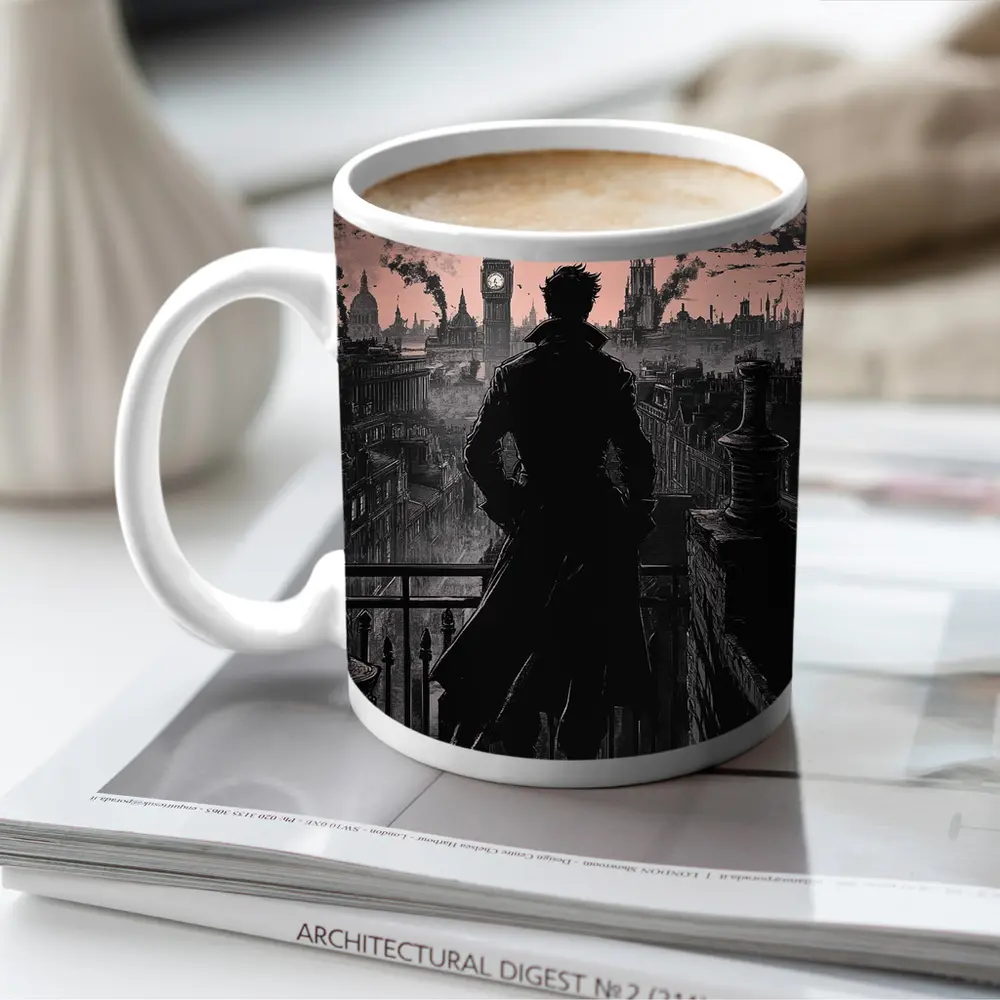 Dark Detective Silhouette Victorian London Skyline – Mugs