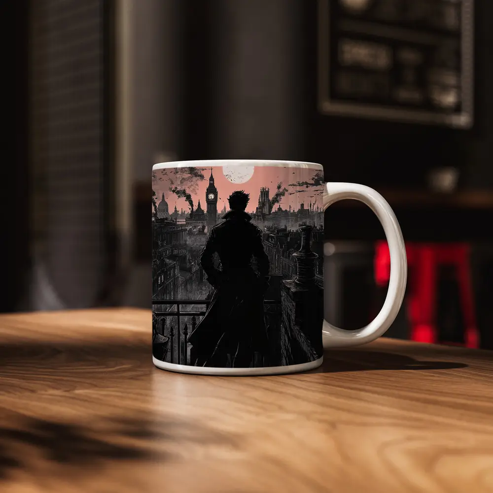 Dark Detective Silhouette Victorian London Skyline – Mugs