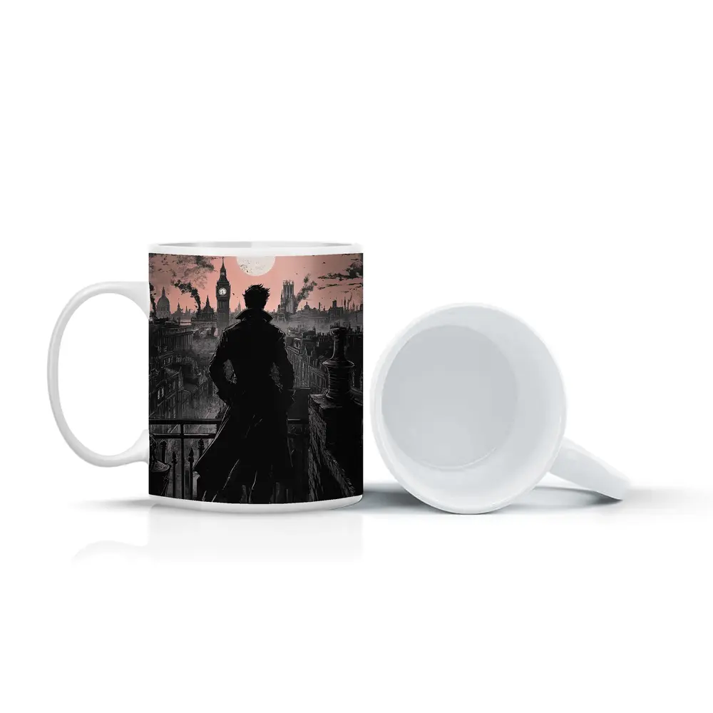 Dark Detective Silhouette Victorian London Skyline – Mugs