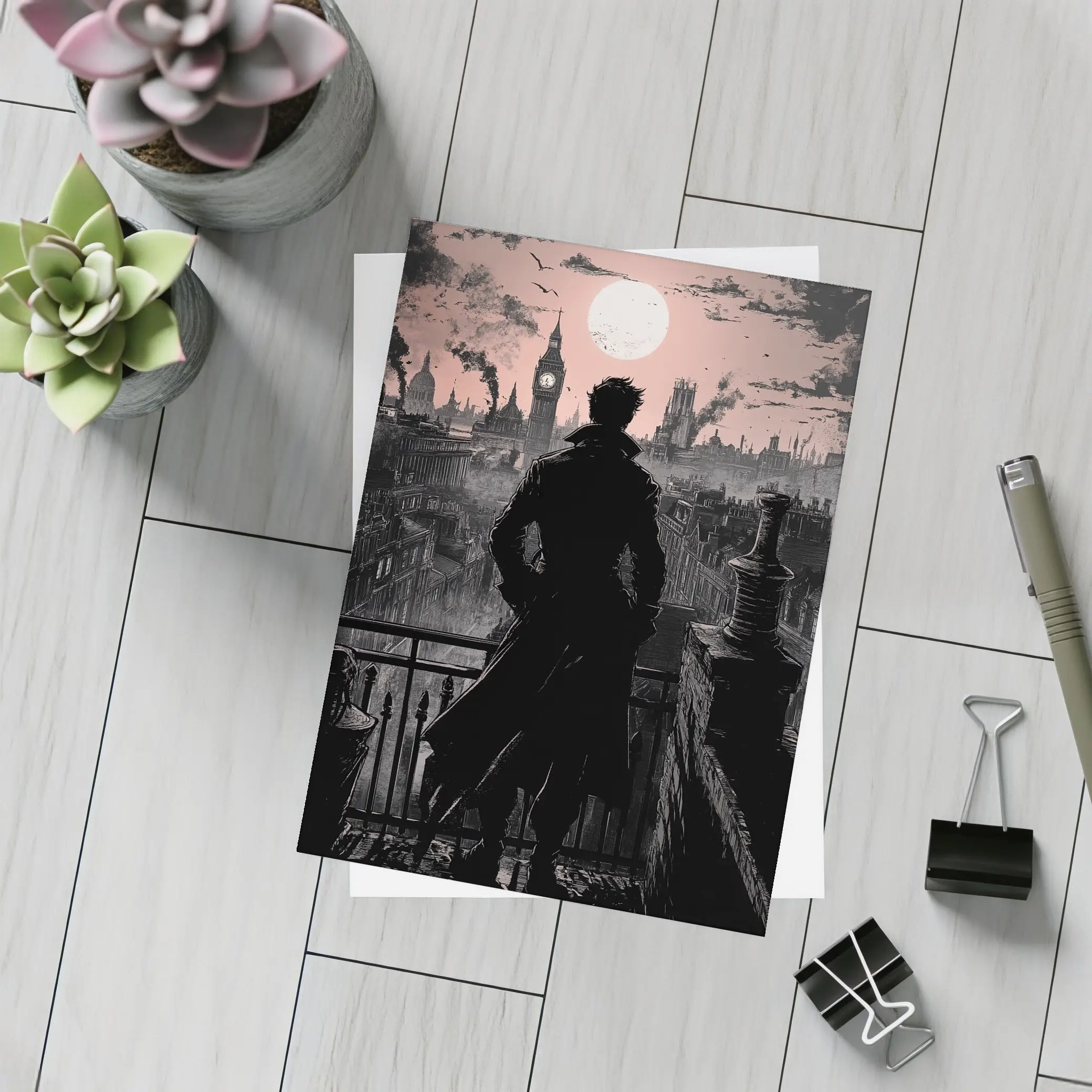 Dark Detective Silhouette Victorian London Skyline – Postcards