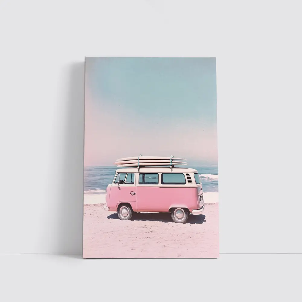 Pink Volkswagen Bus Parked On Beach – Wall Art
