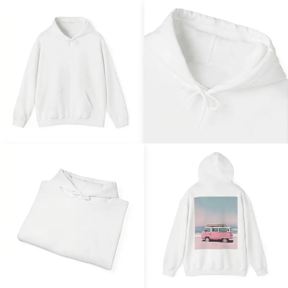 Pink Volkswagen Bus Parked On Beach – Hoodies