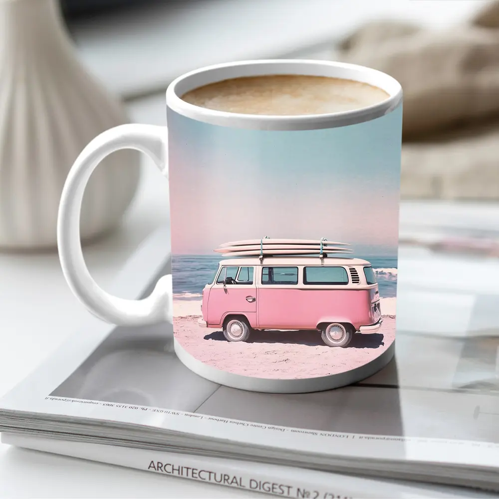 Pink Volkswagen Bus Parked On Beach – Mugs