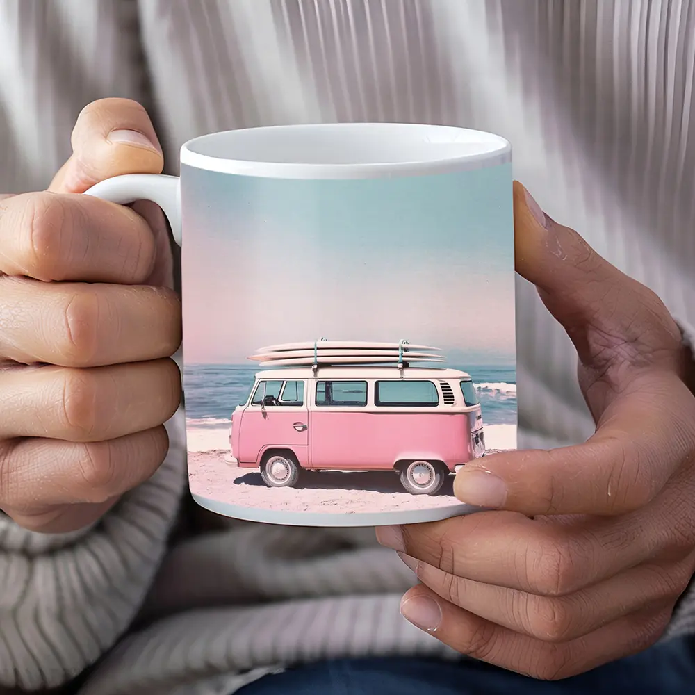 Pink Volkswagen Bus Parked On Beach – Mugs