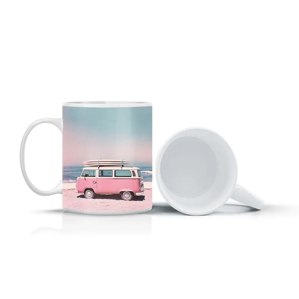 Pink Volkswagen Bus Parked On Beach – Mugs