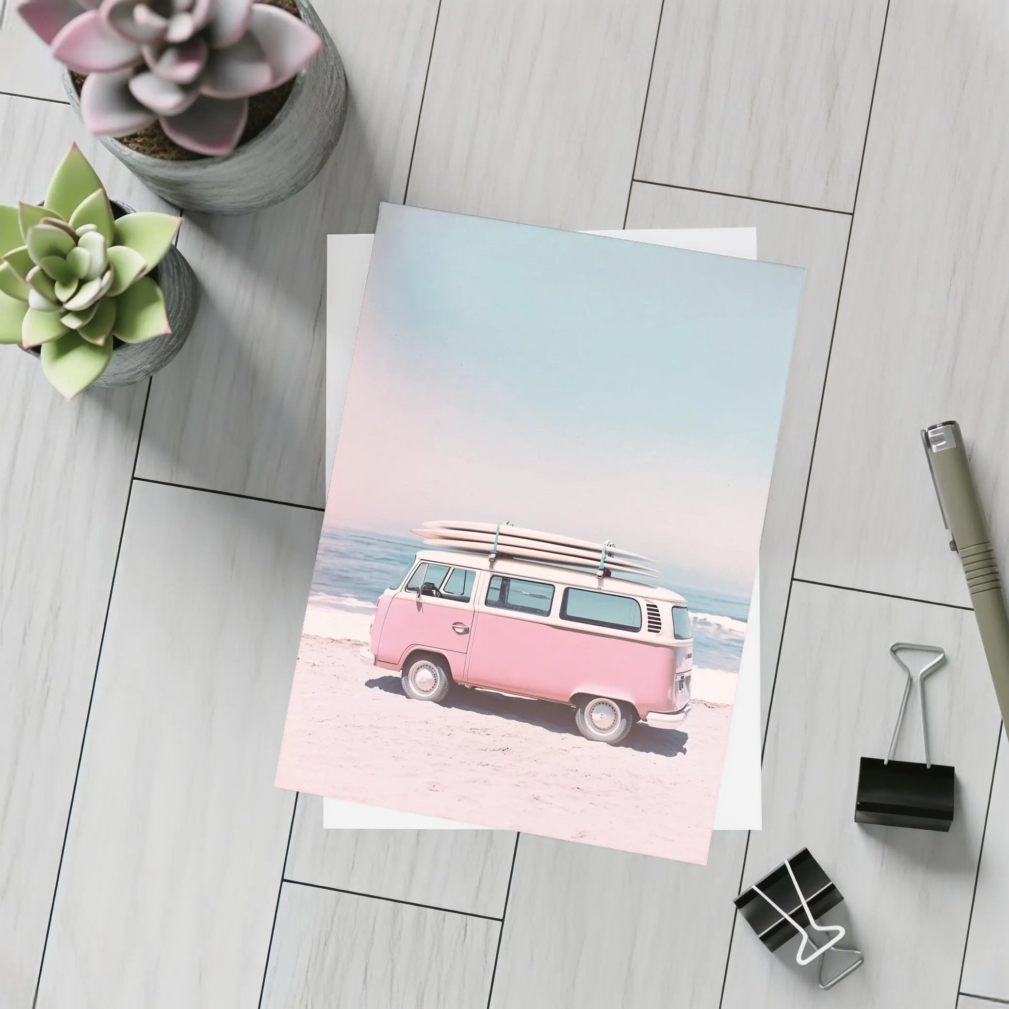 Pink Volkswagen Bus Parked On Beach – Postcards