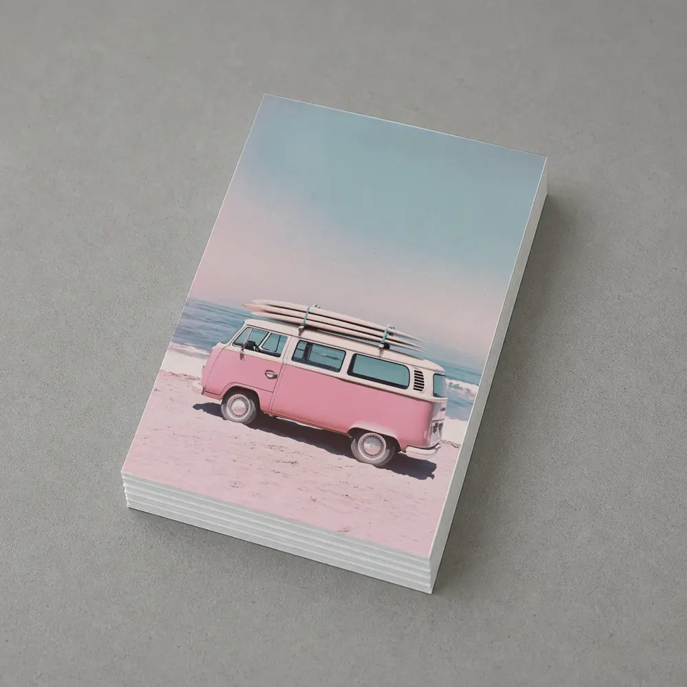 Pink Volkswagen Bus Parked On Beach – Postcards