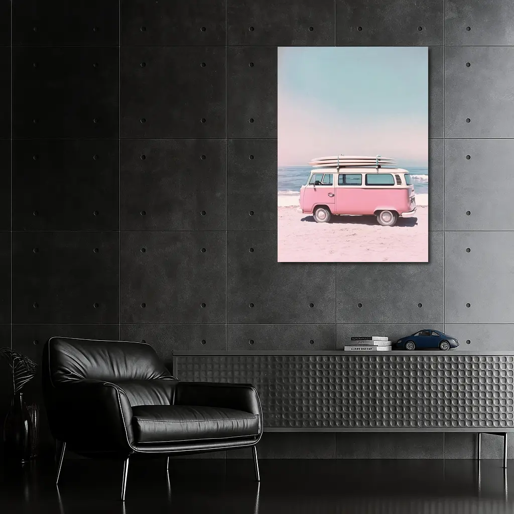 Pink Volkswagen Bus Parked On Beach – Wall Art