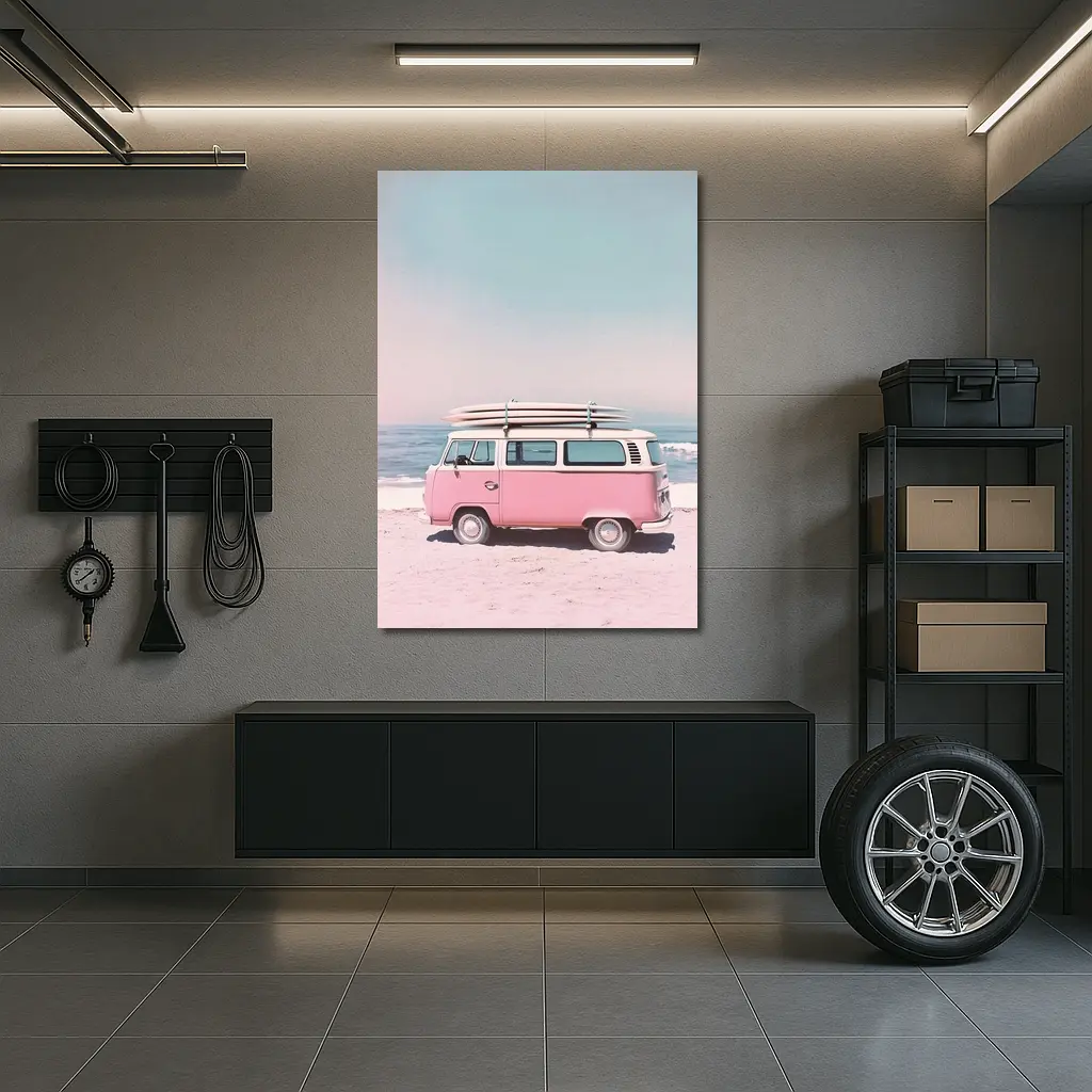 Pink Volkswagen Bus Parked On Beach – Wall Art
