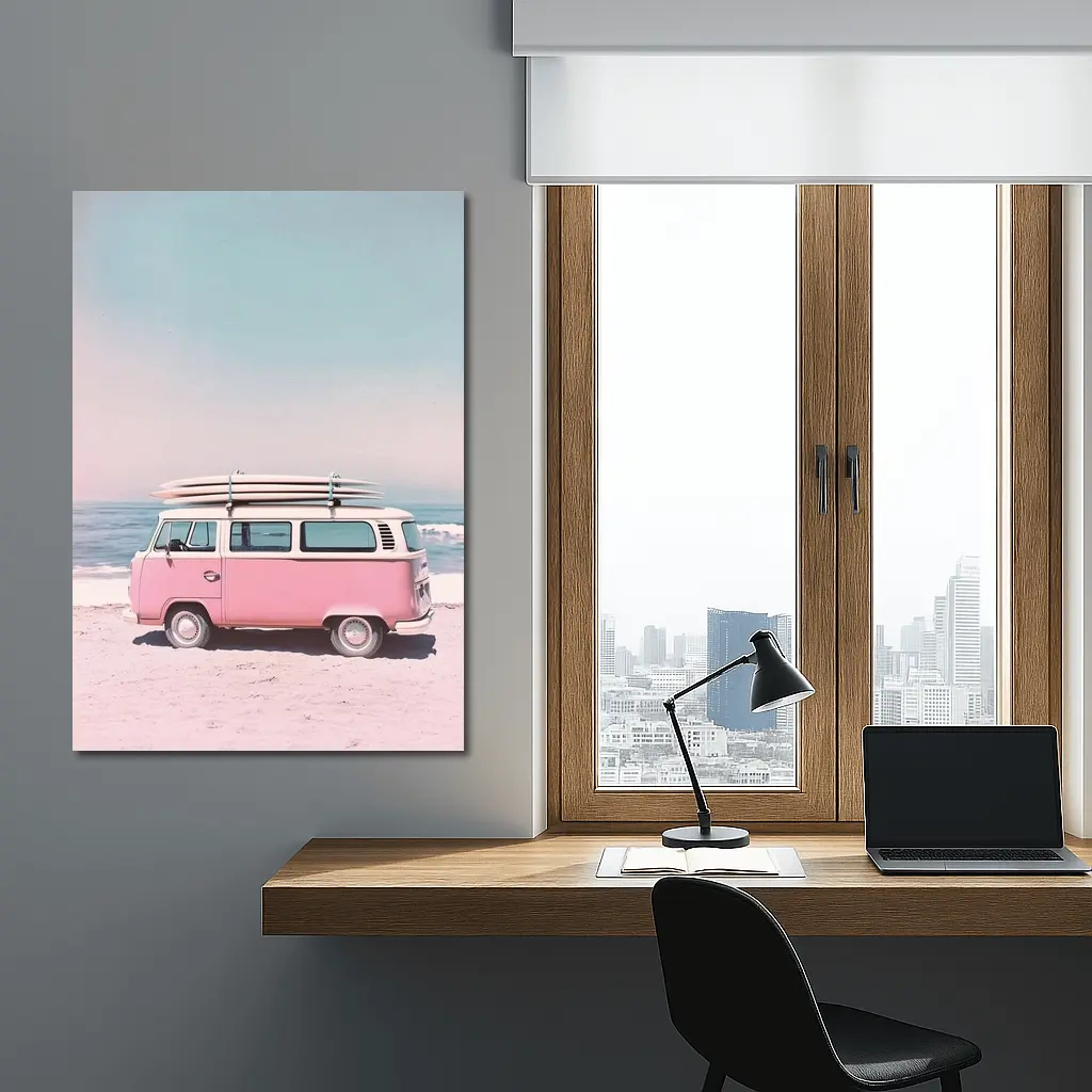 Pink Volkswagen Bus Parked On Beach – Wall Art