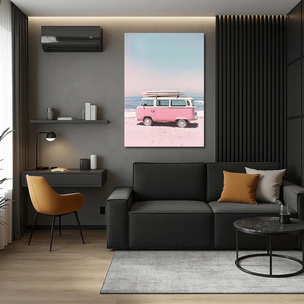 Pink Volkswagen Bus Parked On Beach – Wall Art