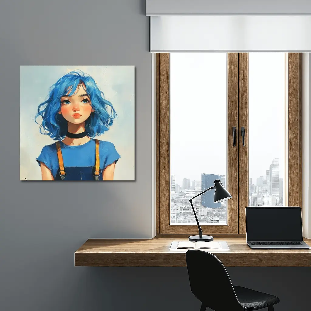 Blue Hair Girl Oil Painting Portrait Art – Wall Art