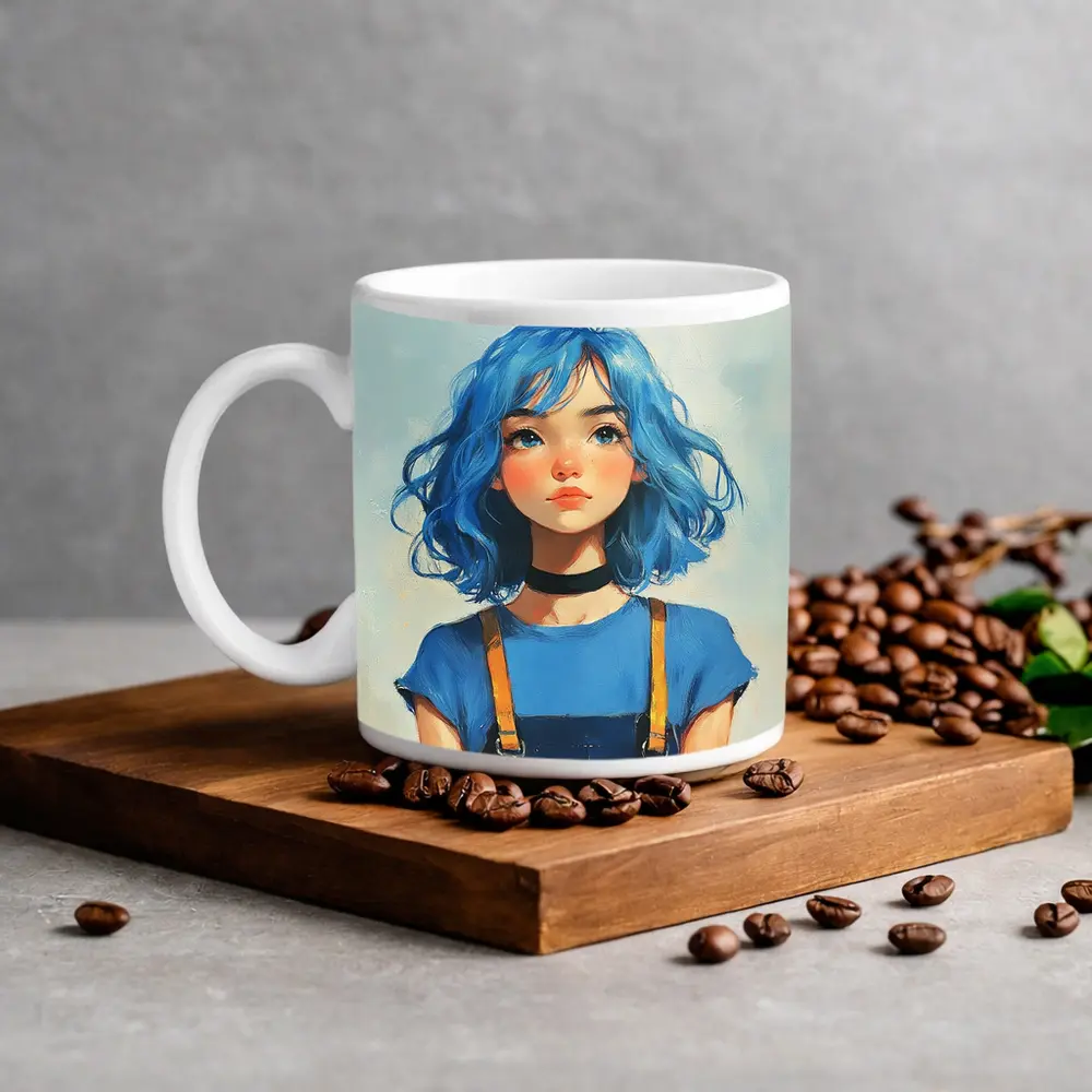 Blue Hair Girl Oil Painting Portrait Art – Mugs