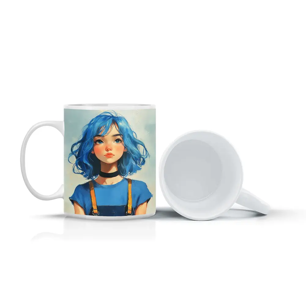 Blue Hair Girl Oil Painting Portrait Art – Mugs