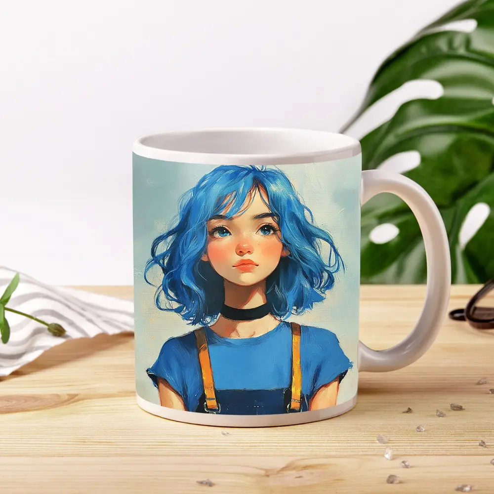 Blue Hair Girl Oil Painting Portrait Art – Mugs