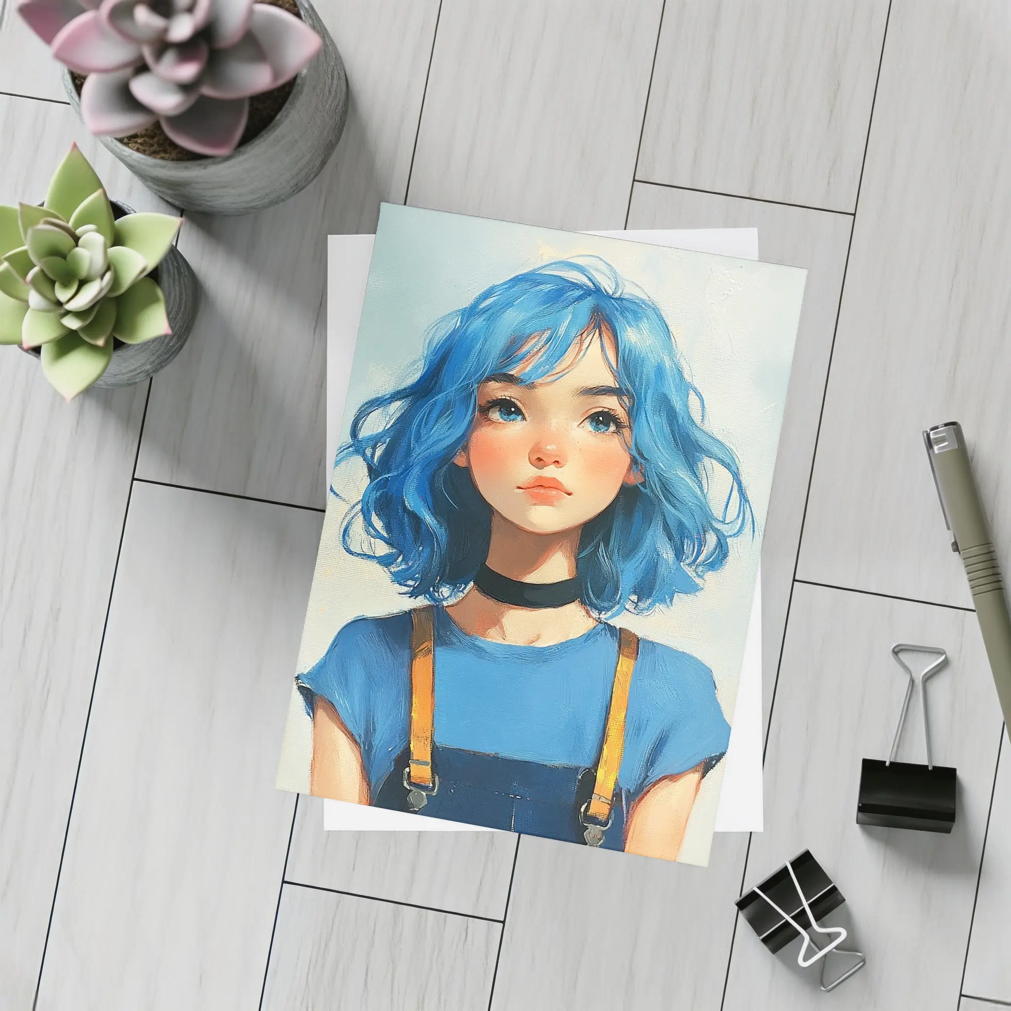 Blue Hair Girl Oil Painting Portrait Art – Postcards