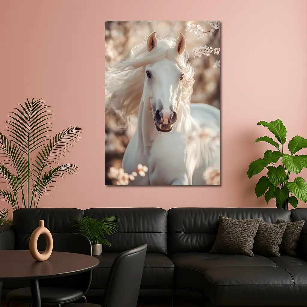 White Arabian Horse Among Cherry Blossoms – Wall Art