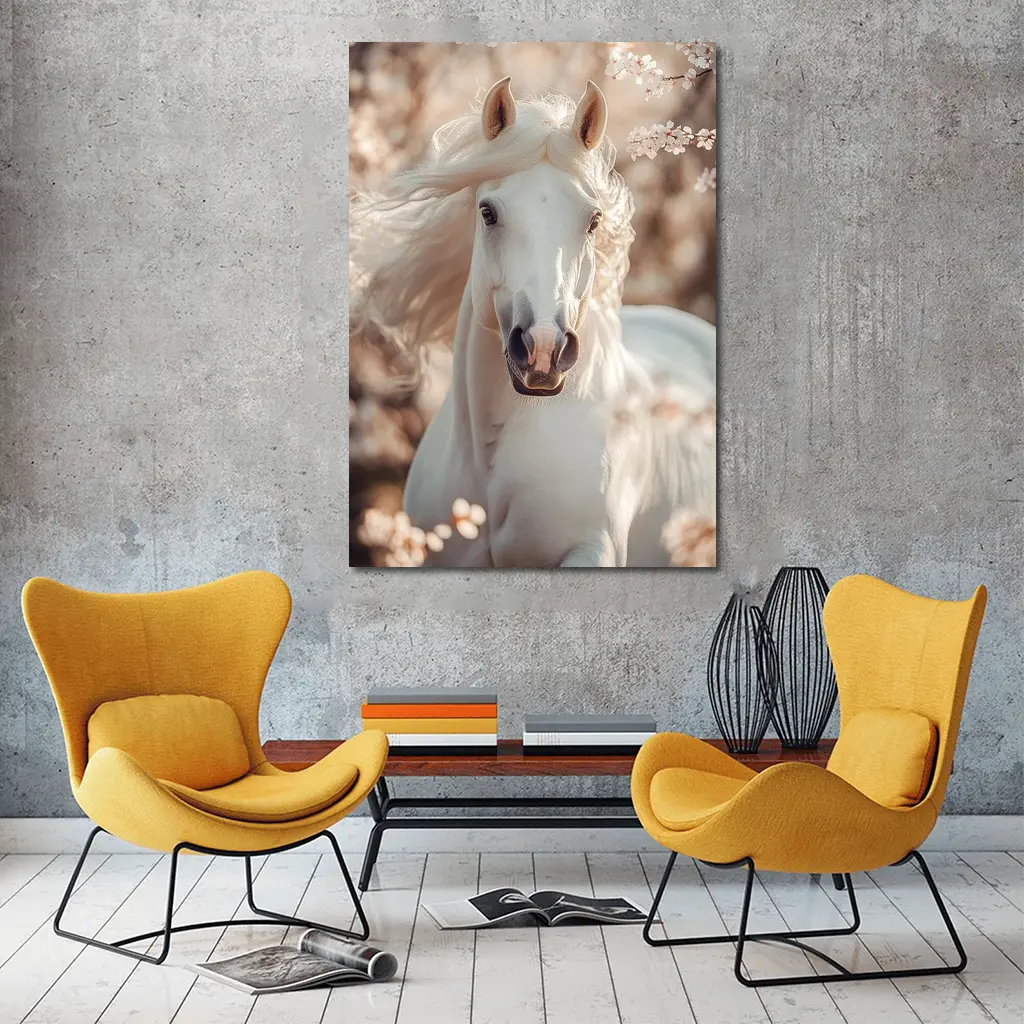 White Arabian Horse Among Cherry Blossoms – Wall Art