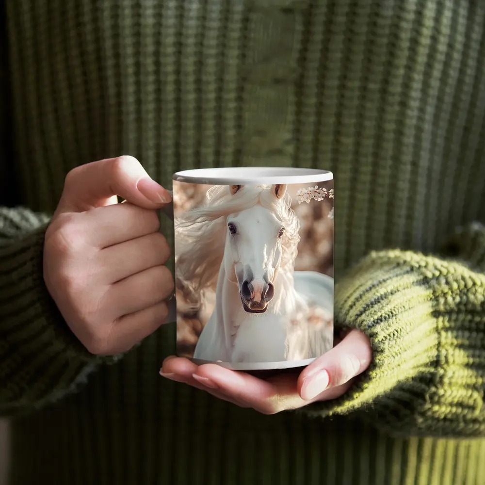 White Arabian Horse Among Cherry Blossoms – Mugs