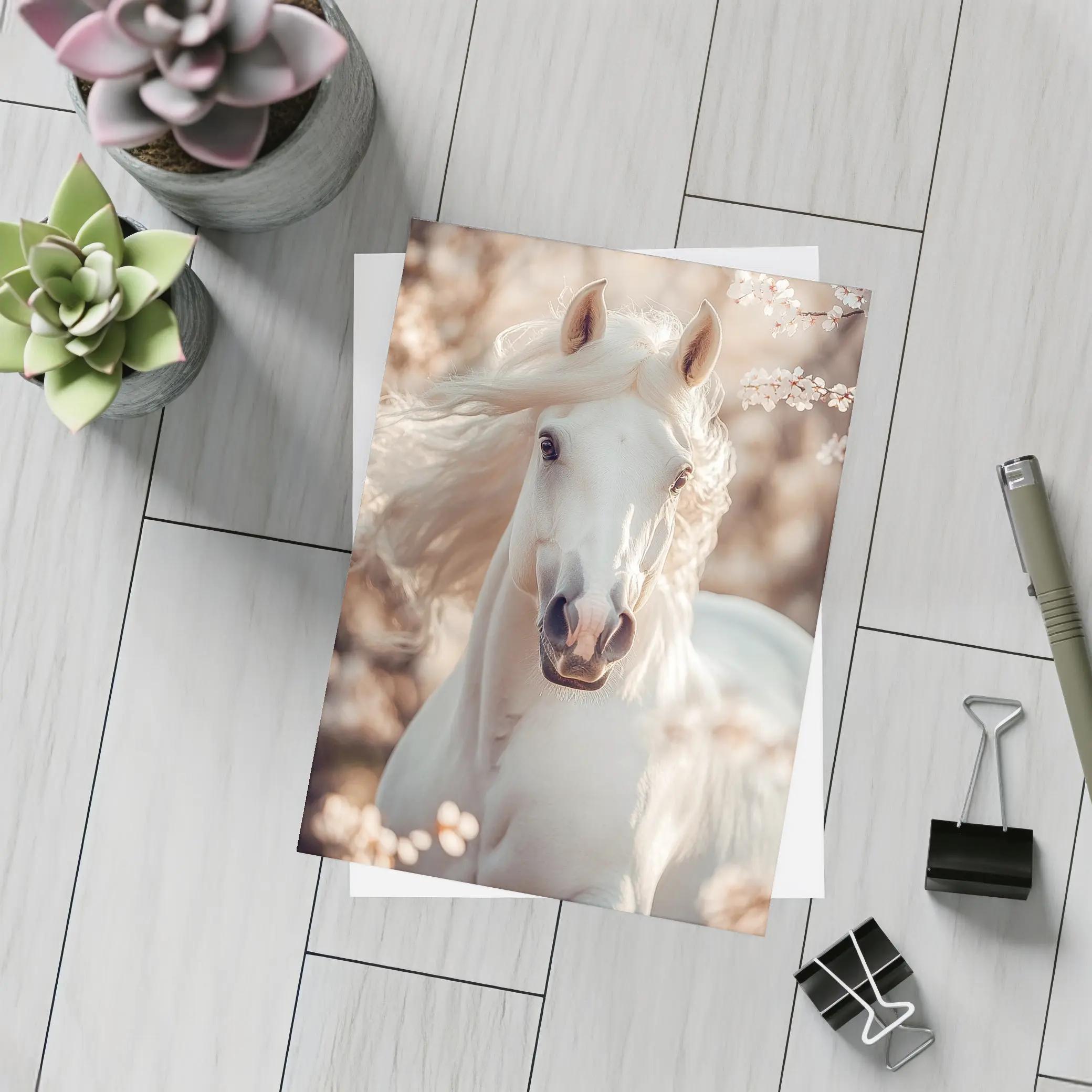 White Arabian Horse Among Cherry Blossoms – Postcards