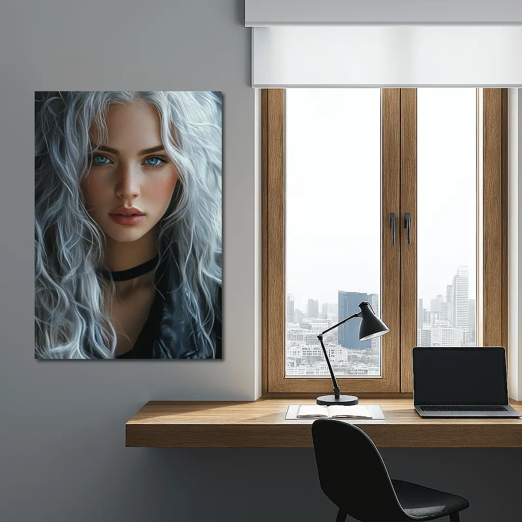 Young Woman Silver Hair Blue Eyes Portrait – Wall Art