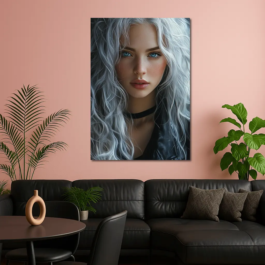 Young Woman Silver Hair Blue Eyes Portrait – Wall Art