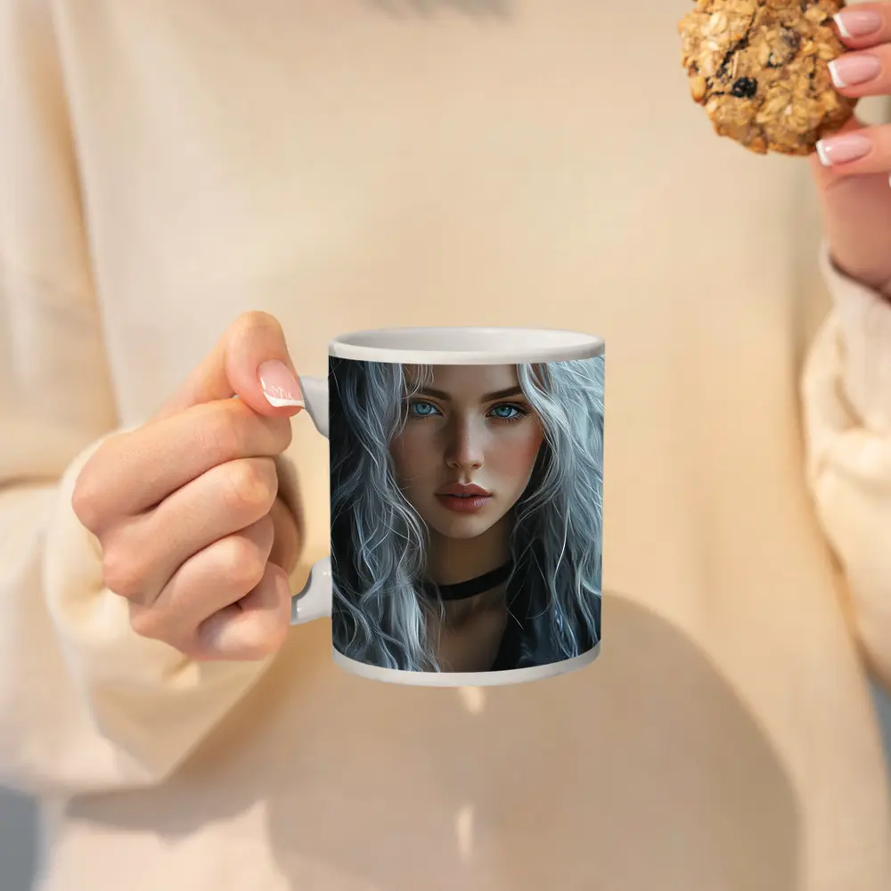 Young Woman Silver Hair Blue Eyes Portrait – Mugs
