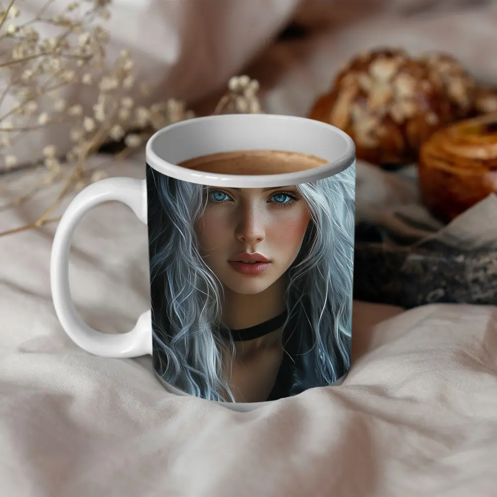 Young Woman Silver Hair Blue Eyes Portrait – Mugs