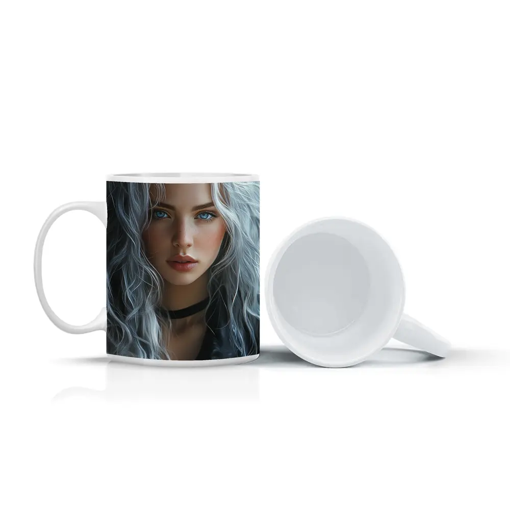Young Woman Silver Hair Blue Eyes Portrait – Mugs