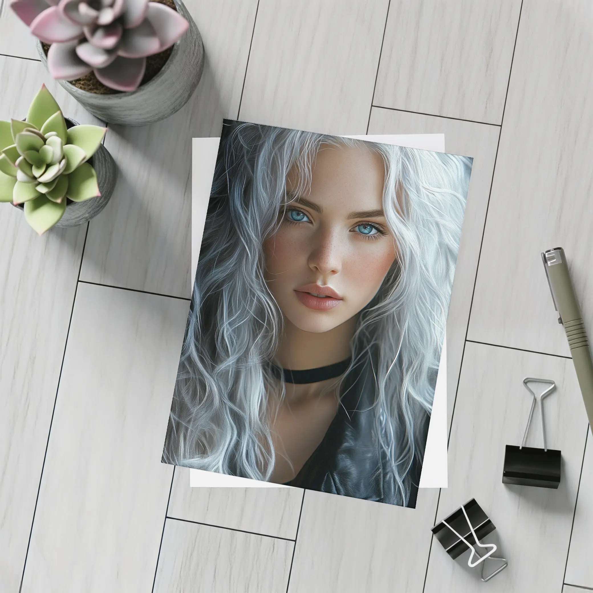 Young Woman Silver Hair Blue Eyes Portrait – Postcards