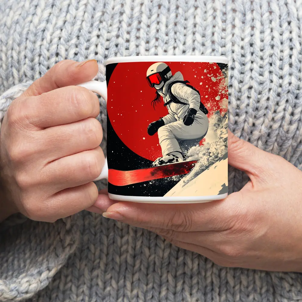 Snowboarder Red Circle Dark Night Sky – Mugs